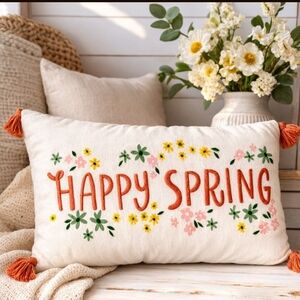 Happy Spring Decorative Pillow with Orange Accents